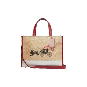 COACH Dempsey Cow Leather Tote Bag, Shopping Bag, Shoulder Bag, Crossbody Bag, Handbag Tubas Women's Khaki & Pink