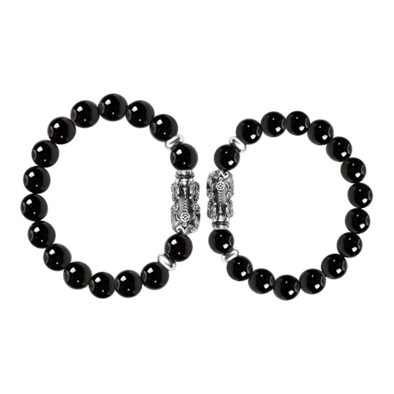 SIMPLE JOYS Obsidian 3D Sterling Silver Chinese Auspicious Animal Beaded Bracelet Unisex-7