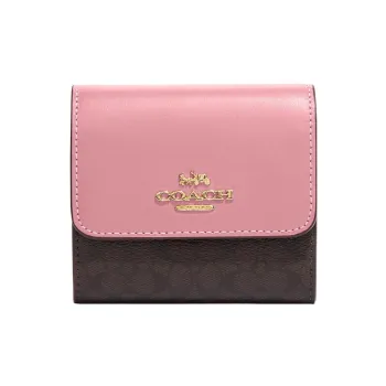 COACH Trifold Wallet Canvas With Leather Card Holder Wallet Small Size Women's Brown & Pink