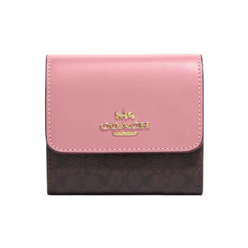 COACH Trifold Wallet Canvas With Leather Card Holder Wallet Small Size Women's Brown & Pink-0