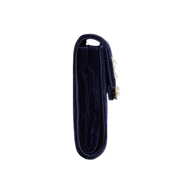 Roger Vivier Flower Strass Velvet Envelope Bag, One Shoulder Crossbody, Clutch Mini Women's Blue-3