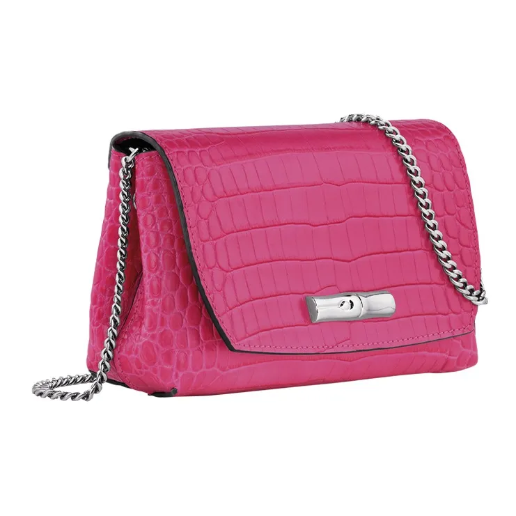 LONGCHAMP Roseau Crocodile-Embossed Calfskin Shoulder Bag Crossbody Bag Women's Fuchsia-1