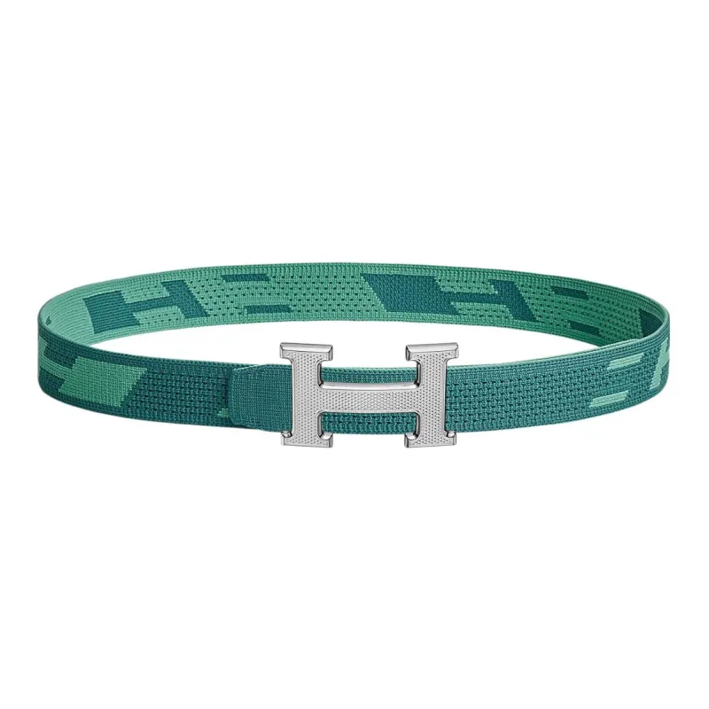 HERMES Classic H Embossed Silver Buckle Double-Sided Nylon Belt Leather Belts Men's Green Width: 3.2cm-0