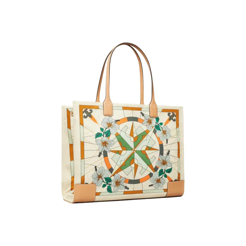 TORY BURCH Ella Leather Tote Bag Shopping Bag Handbag Shoulder Bag Women's Khaki Cream White Color Blocking-1