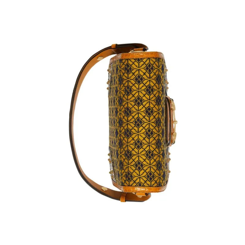 GUCCI Horsebit 1955 Brocade Patchwork Leather Shoulder Bag Crossbody Bag Women's Brown-3