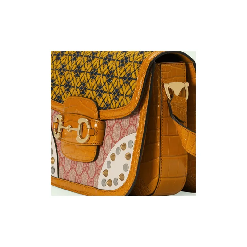 GUCCI Horsebit 1955 Brocade Patchwork Leather Shoulder Bag Crossbody Bag Women's Brown-4