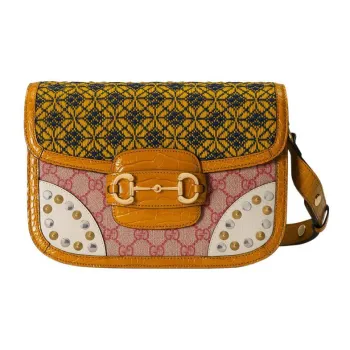 GUCCI Horsebit 1955 Brocade Patchwork Leather Shoulder Bag Crossbody Bag Women's Brown