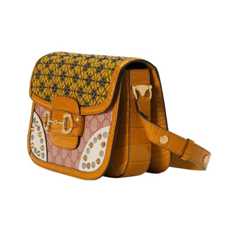GUCCI Horsebit 1955 Brocade Patchwork Leather Shoulder Bag Crossbody Bag Women's Brown-1