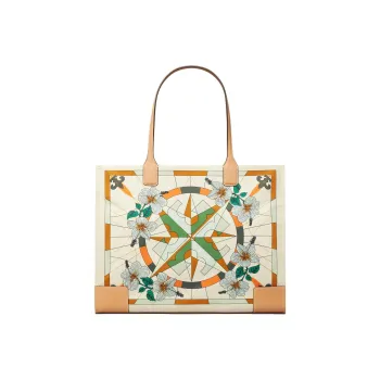 TORY BURCH Ella Leather Tote Bag Shopping Bag Handbag Shoulder Bag Women's Khaki Cream White Color Blocking