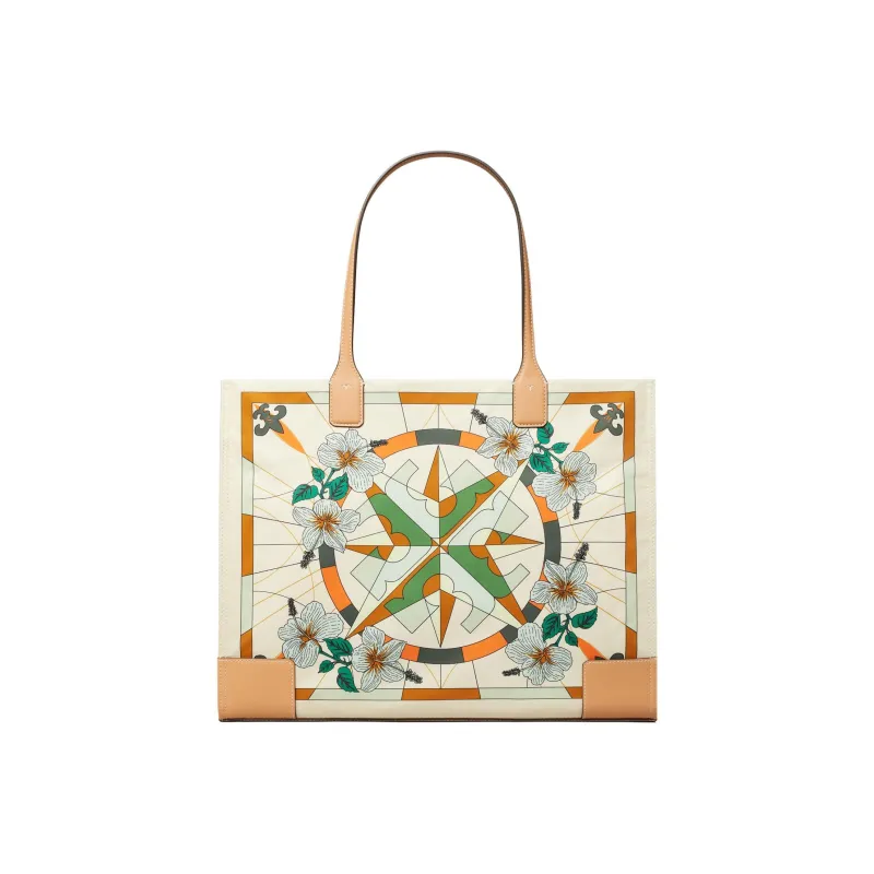 TORY BURCH Ella Leather Tote Bag Shopping Bag Handbag Shoulder Bag Women's Khaki Cream White Color Blocking-0