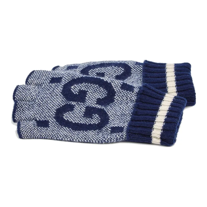 GUCCI Knit Gloves Men's Navy Blue/ivory White-1