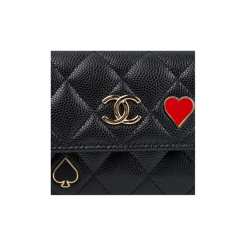 CHANEL 23C Early Spring Grain Embossed Caviar Calfskin With Gold Metal Flap Bag Card Holder Women's Black-5