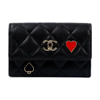 CHANEL 23C Early Spring Embossed Calfskin With Gold Metal Card Holder With Flip Cover Women's Black
