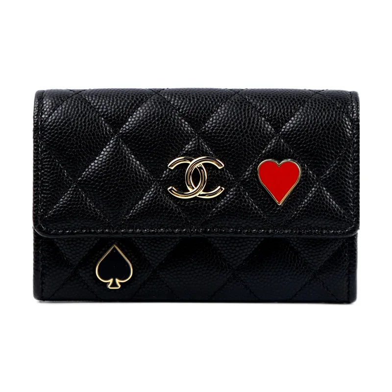 CHANEL 23C Early Spring Grain Embossed Caviar Calfskin With Gold Metal Flap Bag Card Holder Women's Black-0
