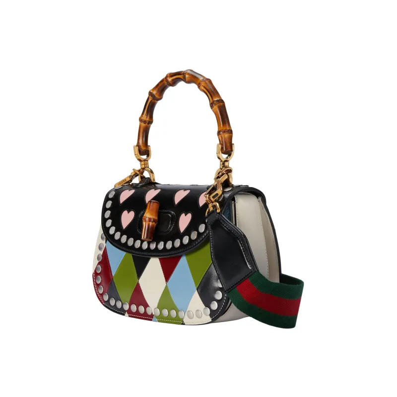 GUCCI Lovelight Collection Bamboo 1947 Leather Shoulder Bag Crossbody Bag Handbag Small Size Women's Black/Multicolor-2