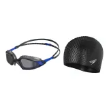 Blue Swim Goggles+Black Bubble Cap