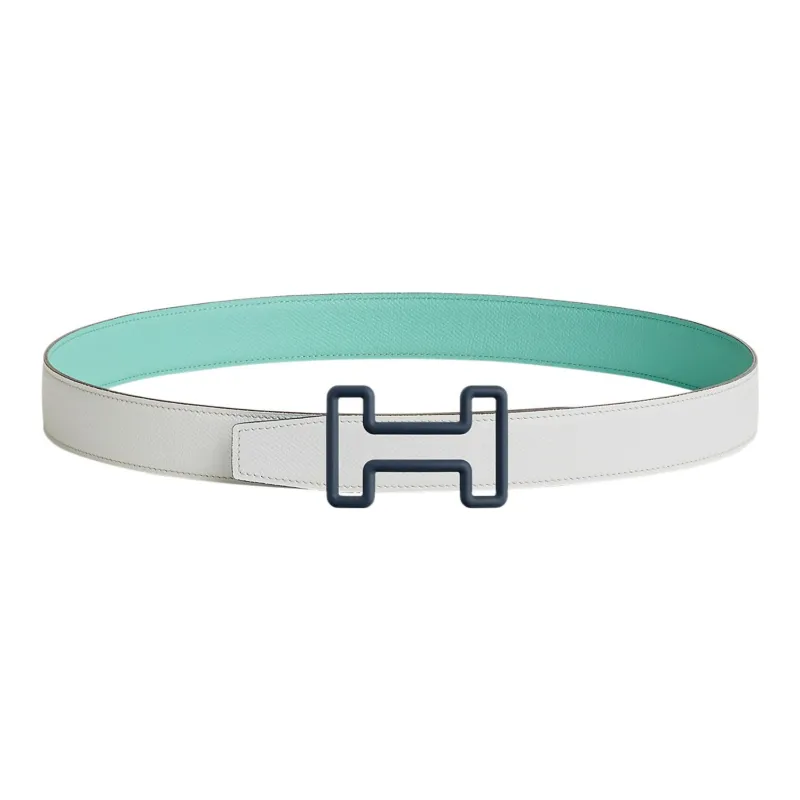 HERMES Tonight Color Blue Buckle PSOM Calfskin Double-Sided Leather Belt Men's White Width: 3.2cm-0
