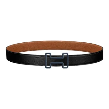 HERMES Comfortable Tonight Color Indigo Buckle Togo Calfskin Double-Sided Leather Belt Men's Black Width: 3.2cm