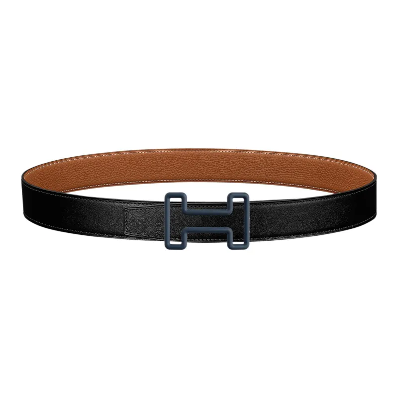 HERMES Comfortable Tonight Color Indigo Buckle Togo Calfskin Double-Sided Leather Belt Men's Black Width: 3.2cm-0