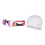Gold Red Swim Goggles+White Bubbles Cap
