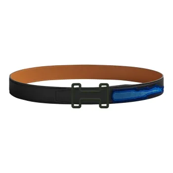 HERMES Fashion Casual Tonight Color Gray Green Buckle Togo Calfskin Double-Sided Leather Belt Men's Black Width: 3.2cm