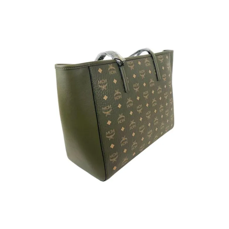 MCM Visetos Coated Canvas Tote Bag Shopping Bag Handbag Shoulder Bag Medium Size Women's Olive Green-2