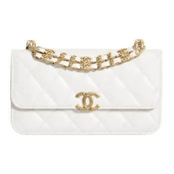 CHANEL WOC Embossed Litchi Grain Cow Leather Cell Phone Pouch Shoulder Bag Crossbody Bag Small Size Women's White