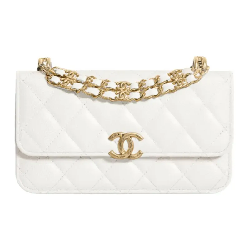 CHANEL WOC Grain Embossed Litchi Leather Cow Leather Shoulder Bag, Crossbody Bag Trumpets Women's White-0