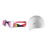 Gold Red Swim Goggles+White Bubbles Cap