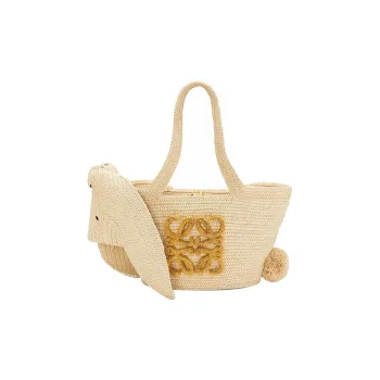 LOEWE Raffia Fiber Cow Leather Patchwork Handbag Small Size Women's Original