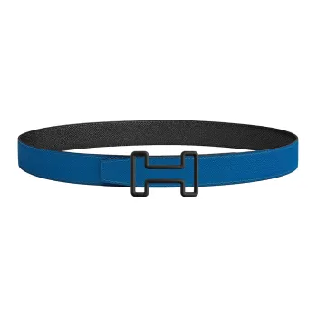 HERMES H Line Silver Buckle Epsom Calfskin Double Sided Leather Belt Unisex Blue 32mm