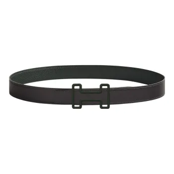 HERMES Print H Logo Grey Green Buckle Togo Calfskin Double-Sided Leather Belt Men's Black Width: 3.2cm