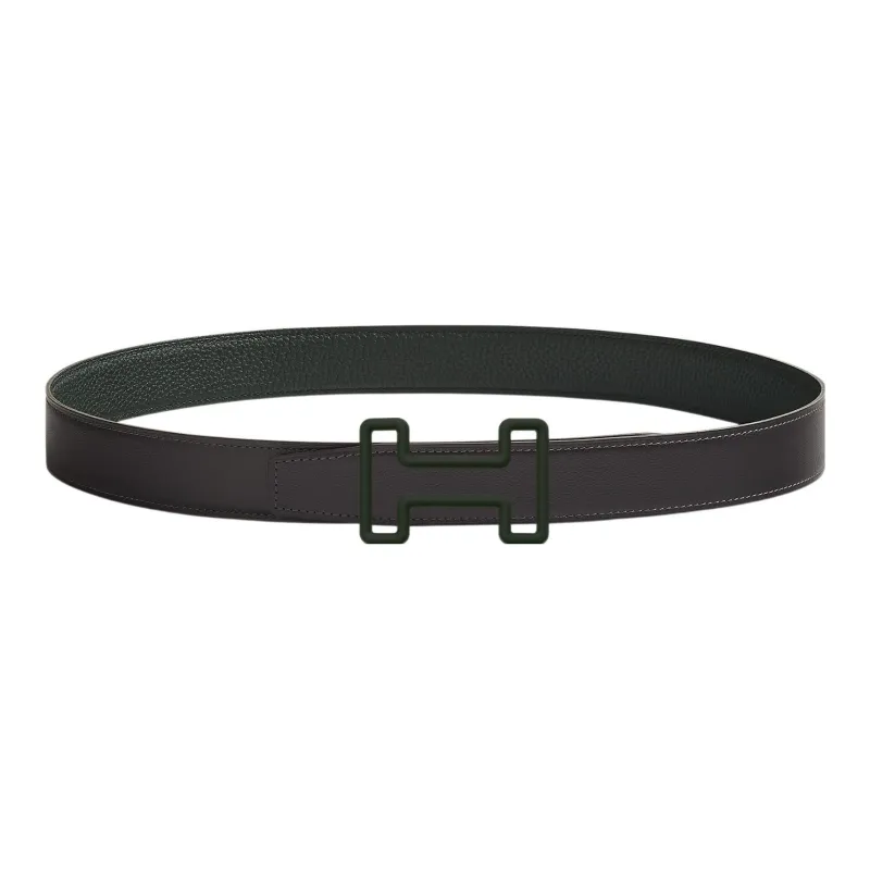 HERMES Print H Logo Grey Green Buckle Togo Calfskin Double-Sided Leather Belt Men's Black Width: 3.2cm-0