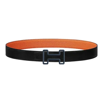 HERMES H Line Double Sided Indigo Button Togo Calfskin Double Sided Leather Waist Men's Black Width 3.2cm