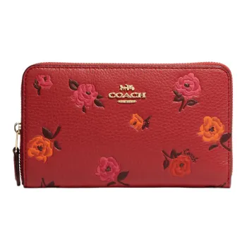 COACH Id Zip Wallet Pebbled Leather Card Holder, Wallet Medium Size Women's Red