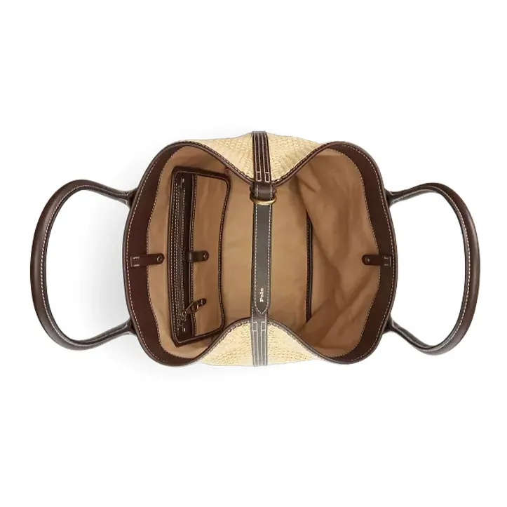 Polo Ralph Lauren Bellport Leather Edges With Straw Woven Tote Bag Shopping Bag Handbag Women's Natural-3