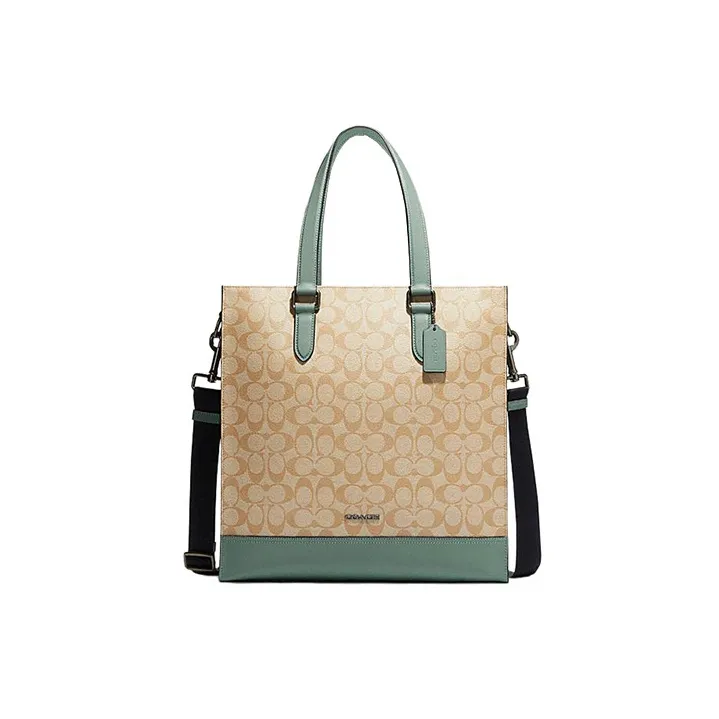 COACH Graham Cow Leather Tote Bag, Shopping Bag, Handbag, Shoulder Bag, Crossbody Bag Tubas Unisex Khaki & Green-0