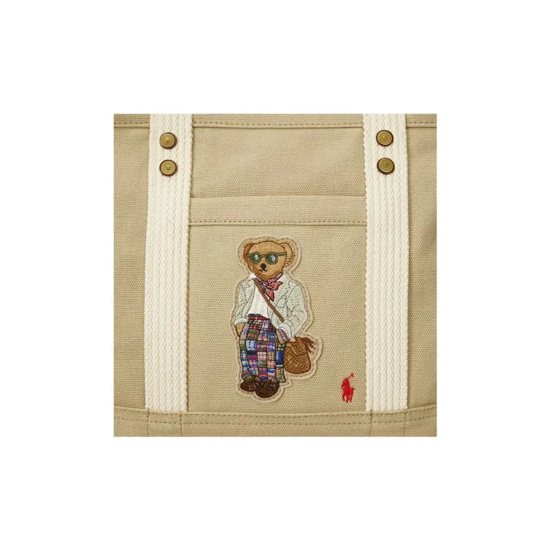 Polo Ralph Lauren Cotton With Leather Decoration Tote Bag Shopping Bag Handbag Small Size Women's Light Brown-4