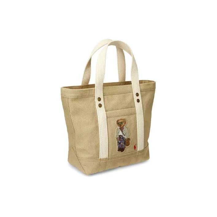 Polo Ralph Lauren Cotton With Leather Decoration Tote Bag Shopping Bag Handbag Small Size Women's Light Brown-1