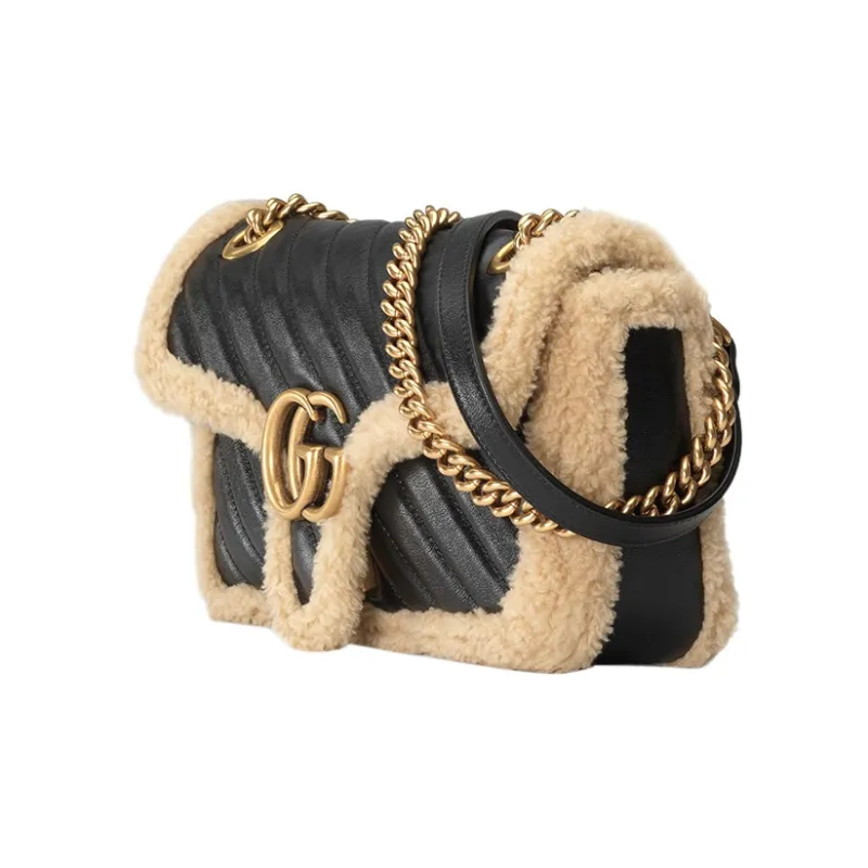 GUCCI GG Marmont Leather And Wool Trim Crossbody Bag Shoulder Bag Small Size Women's Black-1