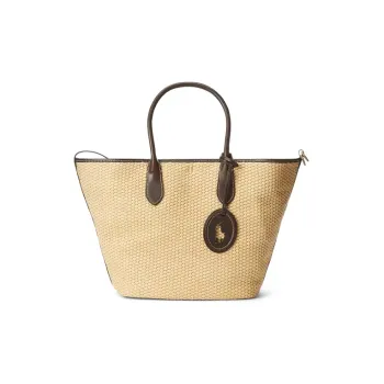 Polo Ralph Lauren Bellport Leather Edges With Straw Woven Tote Bag Shopping Bag Handbag Women's Natural