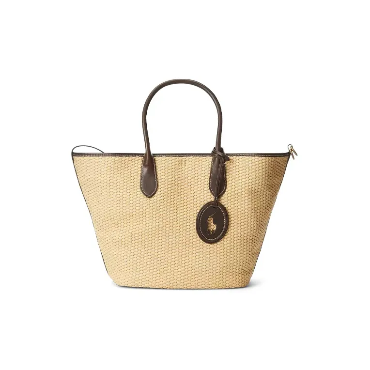 Polo Ralph Lauren Bellport Leather Edges With Straw Woven Tote Bag Shopping Bag Handbag Women's Natural-0
