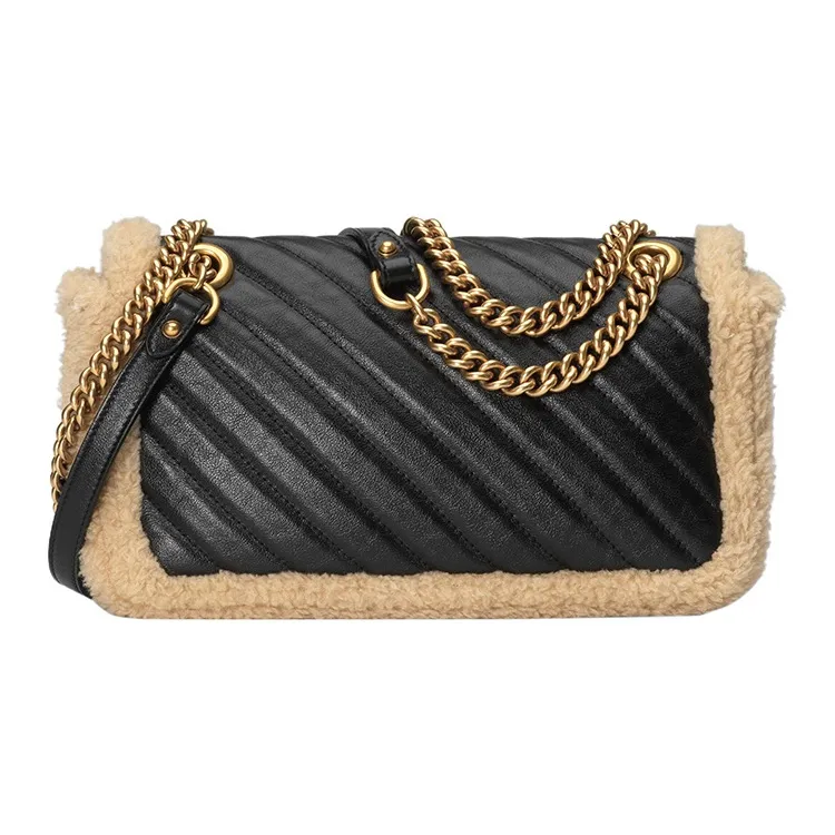 GUCCI GG Marmont Leather And Wool Trim Crossbody Bag Shoulder Bag Small Size Women's Black-4