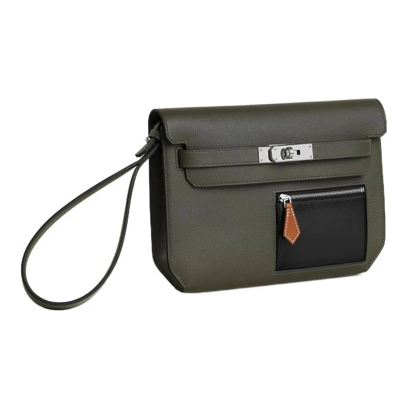HERMES Kelly DepechesColormatic Cow Leather Clutch Men's Gray Green/Black/Light Tawny-1