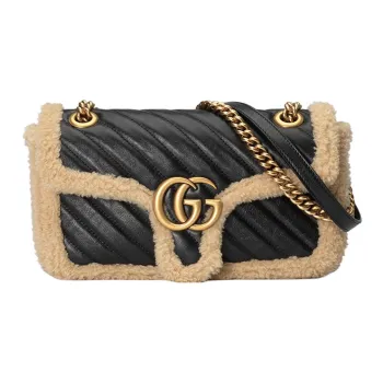 GUCCI GG Marmont Leather And Wool Trim Crossbody Bag Shoulder Bag Small Size Women's Black