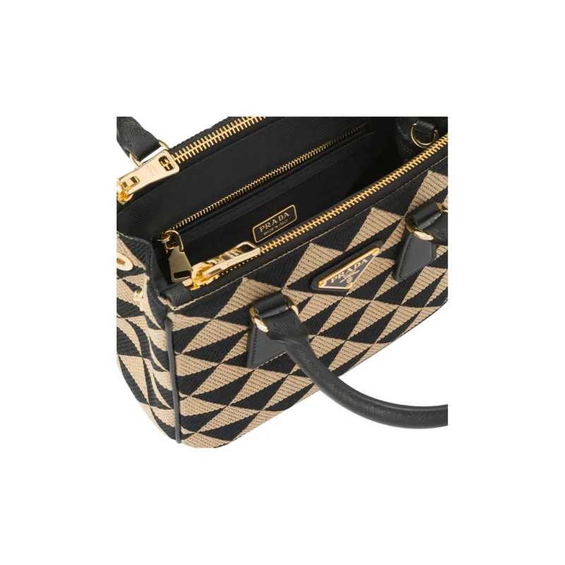 PRADA Galleria Killer Bag Embroidered Fabric With Leather Shoulder Bag Crossbody Bag Handbag Women's Black/Beige Yellow-3