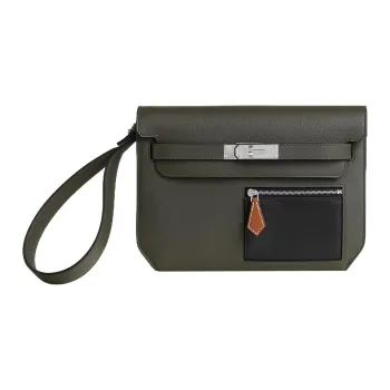 HERMES Kelly DepechesColormatic Cow Leather Clutch Men's Gray Green/Black/Light Tawny