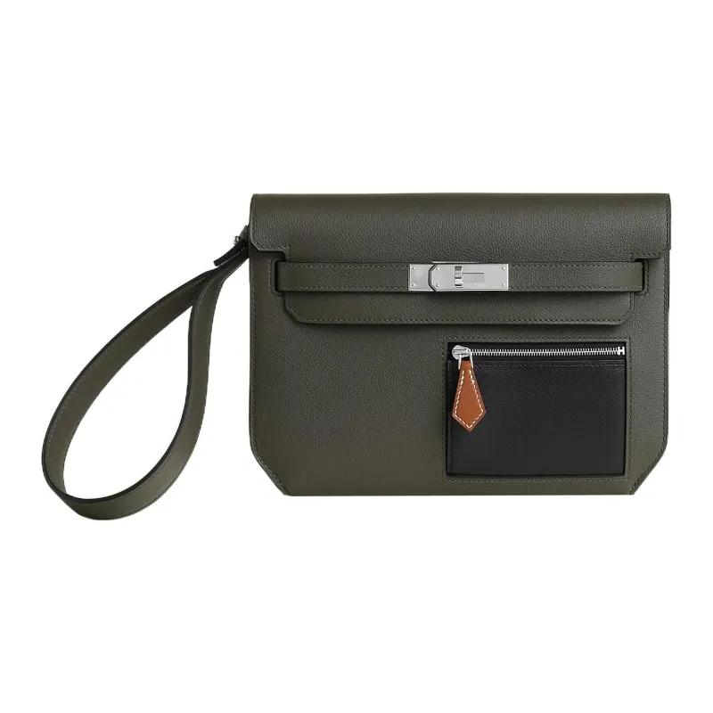 HERMES Kelly DepechesColormatic Cow Leather Clutch Men's Gray Green/Black/Light Tawny-0