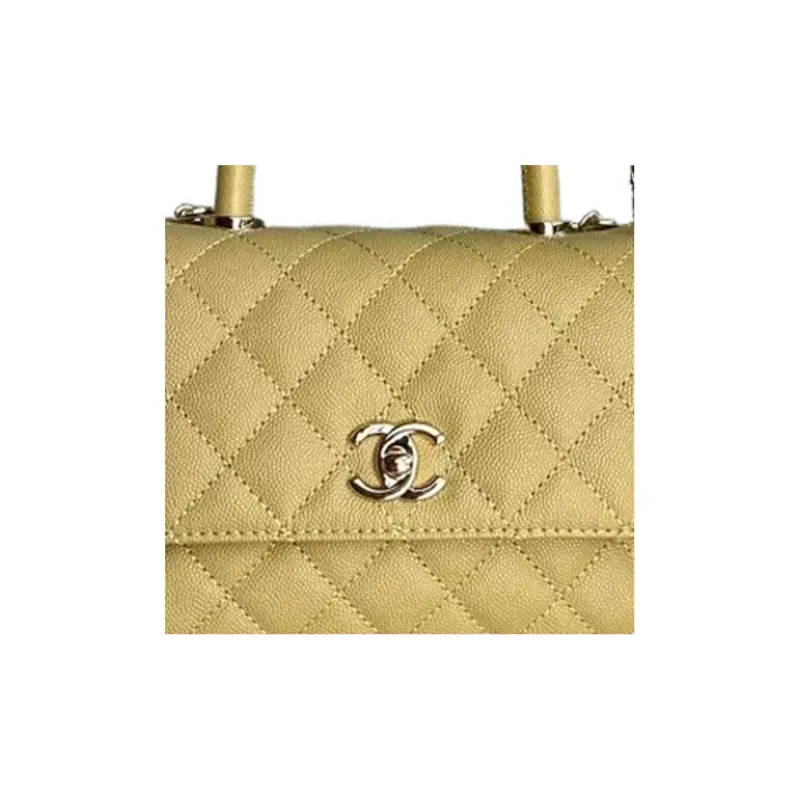 CHANEL Coco Handle Embossed Calfskin Flap Bag, One Shoulder Handbag Women's Yellow-2