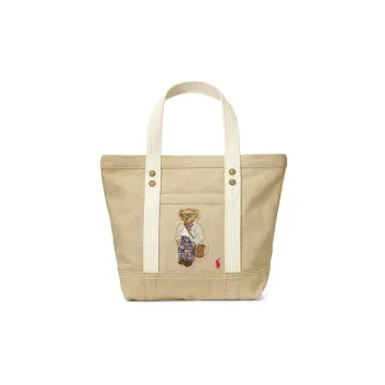 Polo Ralph Lauren Cotton With Leather Decoration Tote Bag Shopping Bag Handbag Small Size Women's Light Brown